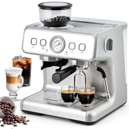 HAUSPROFI Máquina portafiltro con molinillo, máquina de café espresso de 15 bar, espumador de leche, manómetro visible, depósito de agua grande de 2,8 l, cafetera expreso para capuchino, latte y