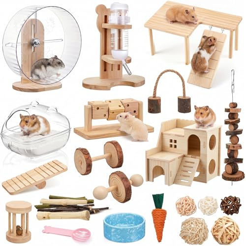 Sonwyoung 40 Pcs Hamster Cage Accessories, 9.5'' Exercise Wheel, Wood Platform Hideout House, Water Bottle, Sand Bath, Bowl, Chew Toys for Syrian Hamsters Mice Gerbils Habitat Decor(Interactive Style)