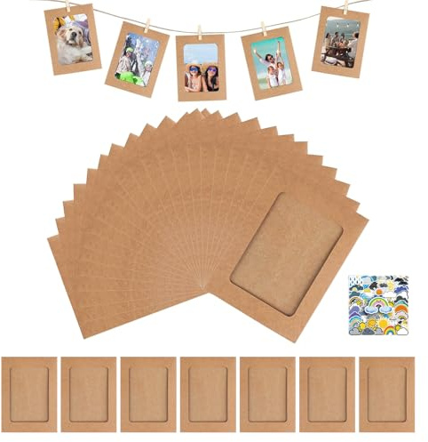30 Pcs Paper Photo Frames, 4x6 Inch Kraft Cardboard Picture Frames | Hanging Picture Frames with Wooden Clips, Stickers & Hemp Ropes for Wall Home Decor Display
