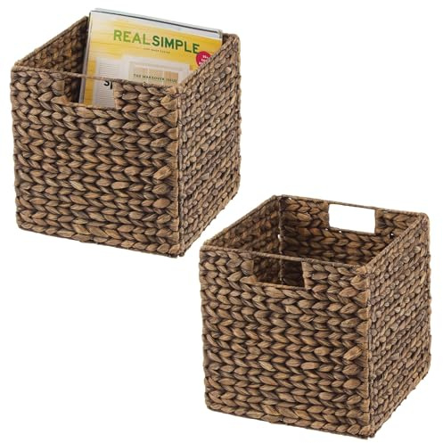 mDesign Natural Woven Hyacinth Cube Organizer Basket with Handles, Storage for Bathroom, Laundry Room Shelf or Nursery - Perfect for Cubby Storage Units - Hold Blankets and Books - 2 Pack, Brown Wash