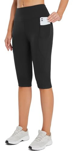 BALEAF Knielange Kurze Leggings Damen Yogahose kurz high waist Yoga Radlerleggings Sport Sommer mit Taschen Schwarz M