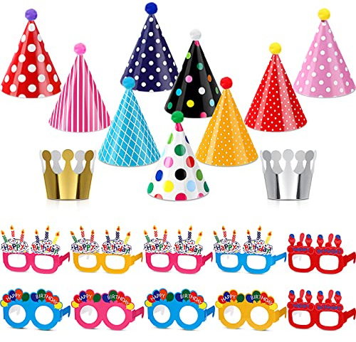 TaoBary 21 Pcs Birthday Party Hats Set for Kids Happy Birthday Glasses Paper Eyeglasses Frames Cone Hats for Christmas Party Decorations Photo Supplies