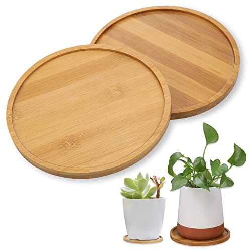 Zocipro 2 Pièces Plateau en Bambou Rond 15.5cm - Soucoupe pour Plante, Plateau de Service, Pot de Fleur en Bois pour Tasses, Services à Thé, Vase, Collations