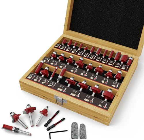 CSOOM - Ensemble de 30 fraises professionnelles pour le travail du bois, avec des fraises carbure, embouts d'outils de menuiserie, arbre de 8 mm, comprenant une boîte en bois pour le rangement.