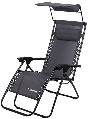 Todeco Chaise Longue Pliable avec Pare Soleil, Transat Jardin, Gris