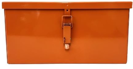 Boîte à outils 360 x 140 H 140 cm en tôle pliée, soudée robuste peinte orange brillante avec porte-cadenas pour tracteurs