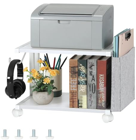 Shinoske 2 Tier Printer Stand with Storage Bag Wheels Desktop Storage and Organize Under Desk Printer Cart Multifunction Printer Shelf with Anti-skid Feet for Home Office (White)