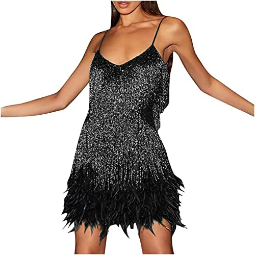 2024 Robe Disco Sans Manches en Plumes à Sequins à Franges de Couleur Unie pour Femmes - Paillettes Bretelles Spaghetti Cocktail Soirée