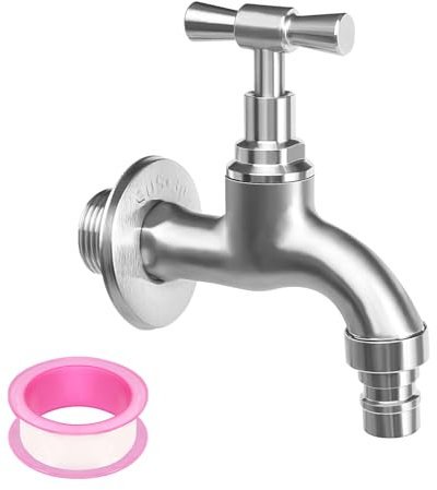 Wasserhahn Auslaufhahn 1/2'' Anschluss mit 3/4'' Adapter, Garten Wasserhahn Wandmontierter 304 Edelstahl Kaltwasserhahn Auslaufventil mit Wanddekoration Abdeckung