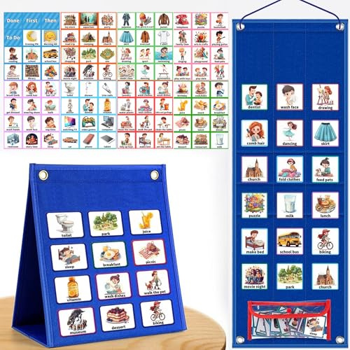 SQAQS Visual Timetable, Children Daily Routine Chart with 96 PECS Cards, Preschool Daily Routine Sheet, Visual Timetable for Kids Daily, 2-in-1 Learning Aid Picture Cards, for Home School(Blue)