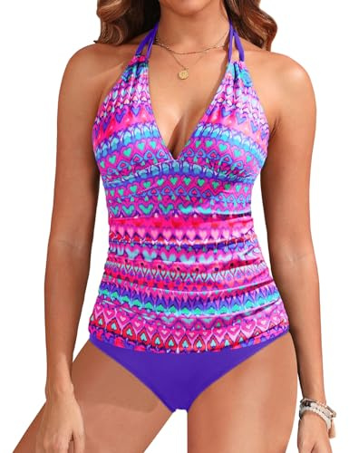 Yonique Womens Two Piece Swimsuits Tummy Control Tankini Plus Size Bathing Suit Halter V Neck Swimwear Purple Tribal M