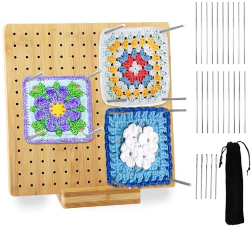 Sperrbrett für Granny Square - Blocking Board 20x20 cm - Bambus Granny Square Häkel-Karten mit 20 Stabstifte, 5 Nadeln aus Edelstahl und 1 Ständer - Häkel Zubehör für Strick und Häkelprojekte