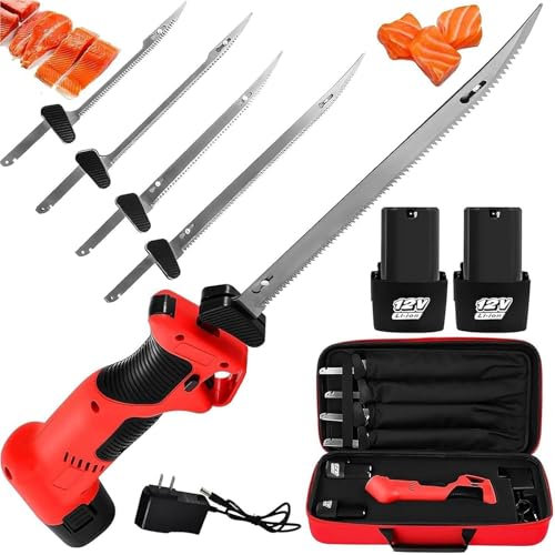 Cuchillo for filete eléctrico inalámbrico, cuchillo for filete de pescado recargable, 4 cuchillas recubiertas de acero inoxidable con nitruro de Ti y 2 baterías, bloqueo seguro, cuchillo for cortar