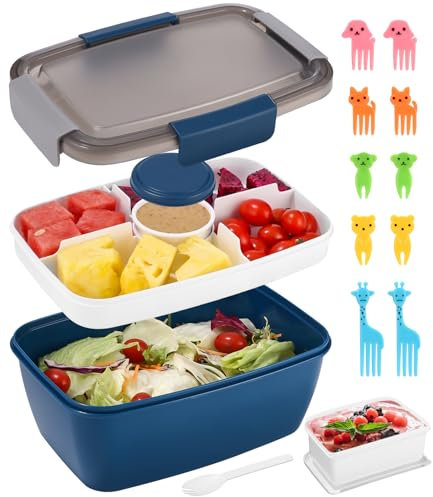 Lunchbox Erwachsene,Lunchbox mit Unterteilung Fächern,Salat Box to go mit Gabel,Zahnstocher für Kinder,Auslaufsicher, Mikrowellengeeignet 2000 ml,Bento Box für Schule/Arbeit/Picknick Reisen(Blau)