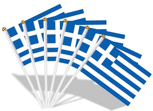 AhfuLife Bandera de Mano Grecia, 15 Piezas Bandera Grecia Pequeña con 30cm Palo para Decoraciones de la Copa Europea, Eventos Deportivos, Celebración, Desfile, Día Nacional, Fiesta
