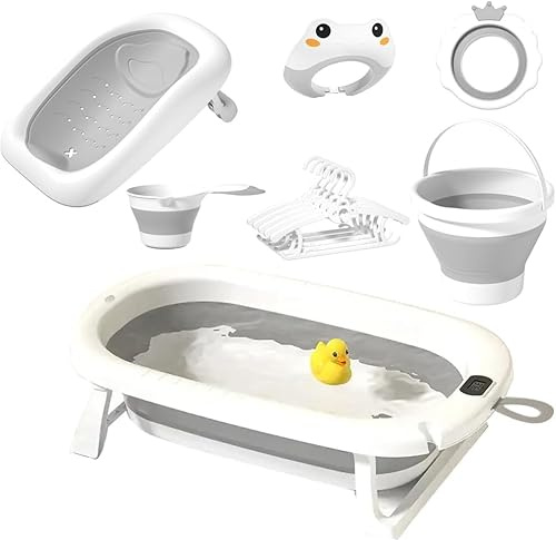 Little Bambino 7-in-1 Baby Bath Set, Foldable Bathtub with Temperature Display, Bath Seat, Bucket, 0-8 Years (Grey)