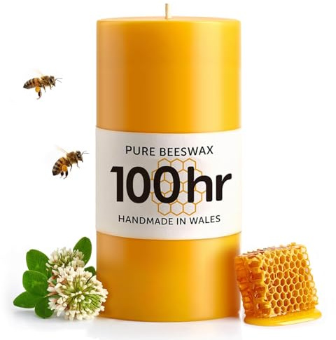 Bougie pilier en cire d'abeille pure de 100 heures – Fabriquée à la main au Pays de Galles – Bougies en cire d'abeille naturelle pour décoration d'intérieur – Parfait pour la détente et l'ambiance