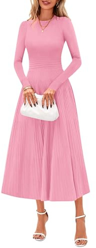 PRETTYGARDEN Womens Sweater Dress 2026 Long Sleeve Elegant Knit A Line Fall Wedding Guest Cocktail Midi Winter Dresses (Pink,Small)