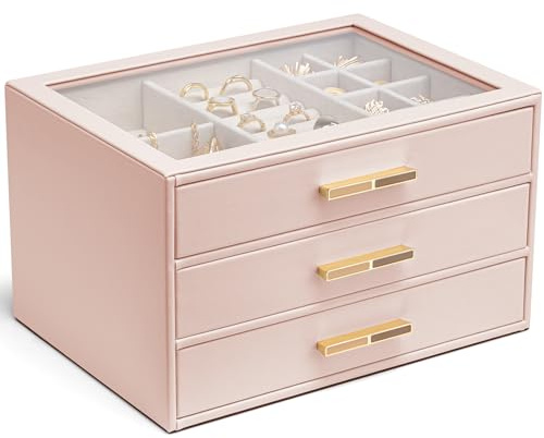 Vlando Boîte à bijoux pour femme, couvercle en verre avec 3 tiroirs pour colliers, bagues, boucles d'oreilles, bracelets, cadeau de fête des mères pour maman, rose foncé