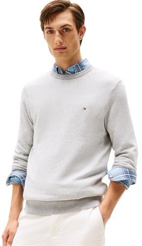 Tommy Hilfiger Men's Cotton Cashmere Crewneck Sweater, Light Grey Heather/Ivory Petal Large