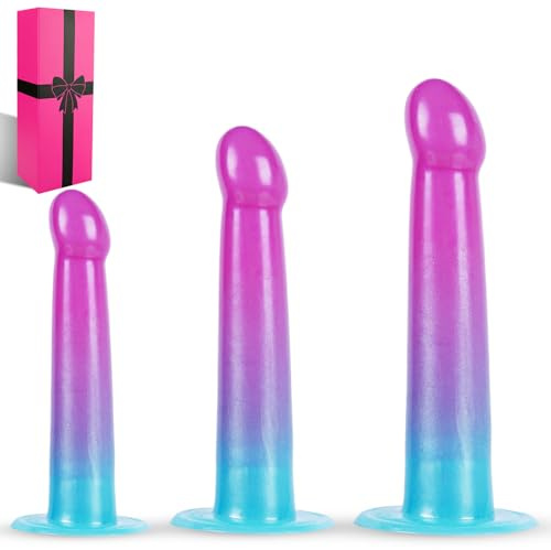 3 Sizes Soft Silicone Dildo Anal Plug Training Set (6.7, 7.7, 8.3), Purple Blue Fantasy Anal Dildos with Suction Cup, Prostate Massage Butt Plugs Training Kit for Beginners Advanced Users