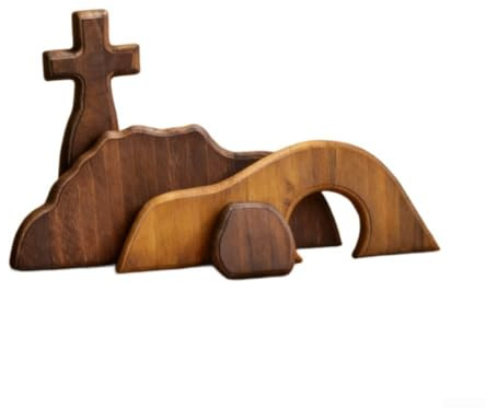 Set di decorazioni pasquali in legno di bosso intagliato con figura di Cristo risorto con tomba e croce per tavolo, caminetto, cortile o area di culto