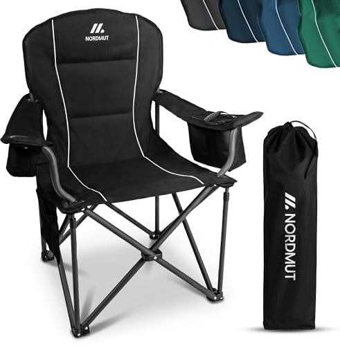 NORDMUT® Sedia da campeggio pieghevole leggera – stabile con portata 200 kg – Comoda sedia da pesca con pratica borsa frigo e portabicchieri (Nero 1x)