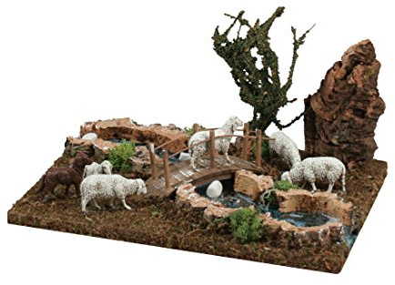 Ferrari & Arrighetti Tratto di Fiume per Presepe con Gregge e Ponticello, Bertoni Linea Natale, Legno e Plastica, Multicolore, 26 x 18 x 15 Cm