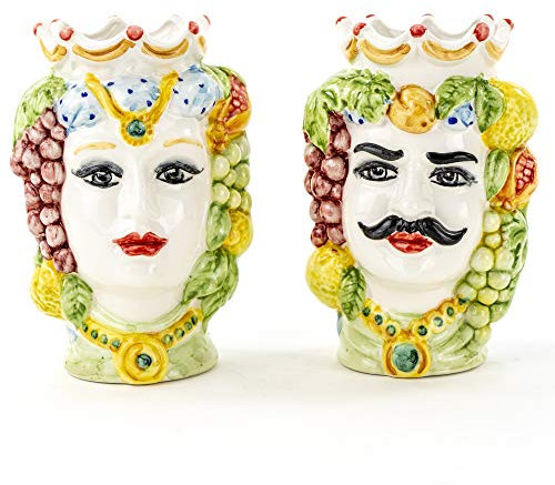 CEAR ceramiche - Teste di moro H cm 14 in ceramica, coppia teste di moro di Caltagirone fatte a mano