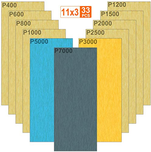 Papel de lija húmedo y seco 33 piezas Hojas de papel abrasivo 7000 5000 3000 2500 2000 1500 1200 1000 800 600 400 Grano para Automotriz Acabado de muebles y torneado de madera, 9 x 3.6 pulgadas