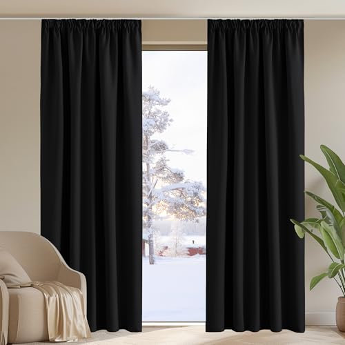 PONY DANCE Pencil Pleat Extra Long Curtains and Thermal Insulated Blackout Curtains for Rail System Set of 2 W55 X 102 for Living Room Black Opaque