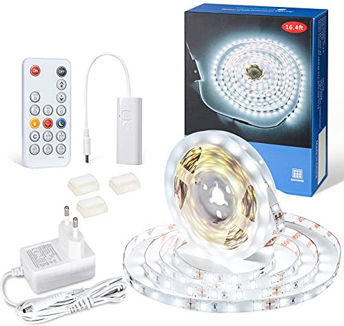 WOBANE Striscia LED Bianco Freddo 5 Metri, Strisce Led con Telecomando Dimmerabile, Nastro Luce Led Adesiva con Alimentatore per Cucina Sottopensile,Negozio,Camera da Letto