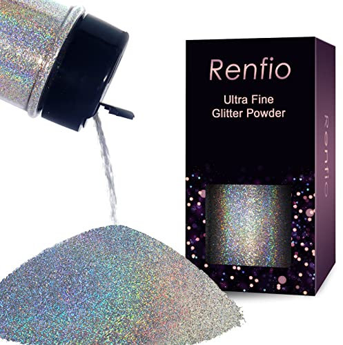 Renfio Holographic Glitzer Powder, 2.11 Oz (60g) glitzer gesicht, 1/128 0.008 0.2mm Ultra Fine Glitzerpulver For Garten Deko, Glitzer Basteln, Nail Powder, Body Glitzer Haare - Diamant Laser Silber