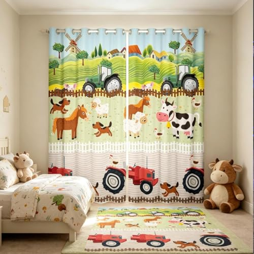 Loussiesd Kids Cartoon Farm Animals Window Curtains for Bedroom Living Room Toddler Cute Tractors Curtain Child Farmhouse Country Window Drapes Colorful Nature Window Treatments,W46*L54