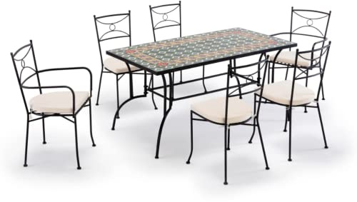 Gruppo Maruccia - Tavolo e Sedie da Giardino con Mosaico Artigianale in Ceramica - 1 Tavolo Rettangolare - 2 Poltrone e 4 Sedie con Cuscini