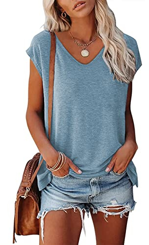 FANGJIN Women's Blouses and Shirts Short Sleeve Tunic Tops for Women UK Summer Casual and Loose Tops Plain Lounge Wear of Women V Neck Fashion T Shirts for Women Blue Size M