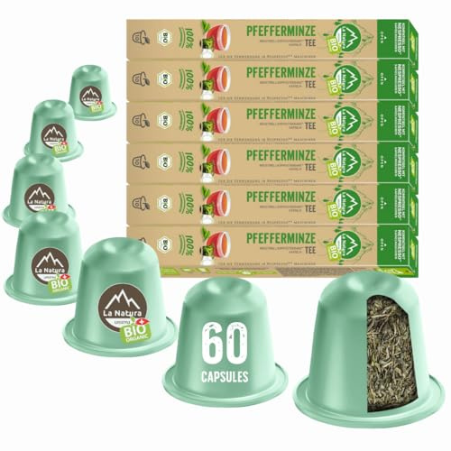 La Natura Lifestyle | Thé à la menthe poivrée bio 60 capsules de thé compatibles avec les machines à capsules Nespresso | 100% compostable industriellement | Écologique
