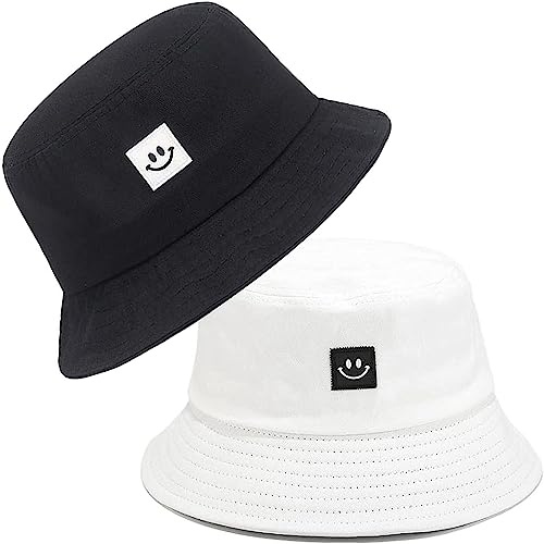 Fischerhüte Bucket Hat Unisex Sonnenhut Baumwolle Buckethut Faltbar Fischerhut Anglerhut Freizeithut Outdoor Smiling Face Hut Sommermütze 56-58cm Sonnenhut Herbst Camping Reisen Wandern (Weiß+Schwarz)