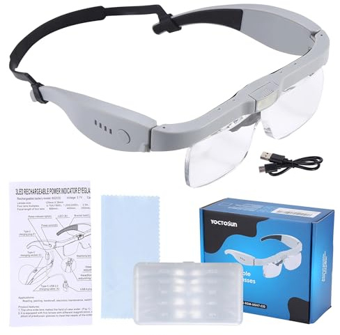 YOCTOSUN Magnifying Glasses with Light, Head Magnifier Glasses with 5 Detachable Lenses 0.75X-4.0X and 3 LED Lights, Rechargeable Hands Free Eyeglasses Magnifier for Close Work Jewelry Crafts Hobby