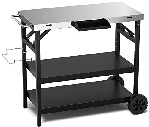COSTWAY Carrello Barbecue da Esterno con 3 Ripiani, Carrello da Cucina Esterno con Ripiano Regolabile, Carrello Multifunzionale per Esterno, Struttura in metallo