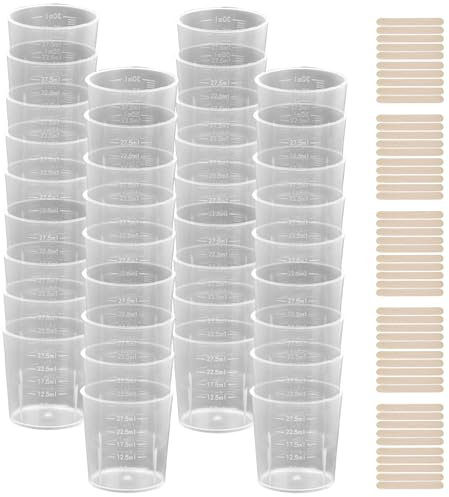 Tibapla 40stk 30ml Messbecher Kunststoff, Messbecher Klein Plastik mit 50Stk Holzstäbchen, Harz Mischbecher, Farbmischbecher Wiederverwendbare für Labor Epoxidharz Kochen und Malerei Zubehör