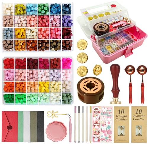 Sceau Cire,Kit Cire a Cacheter Amélioré, Kit De Tampons De Sceau Cire Avec Boîte De Rangement, 48 Couleurs,1200 Perles De Sceau Cire Avec Chauffe Cire à Cacheter, Enveloppes, Bougies, Stylo Métallique