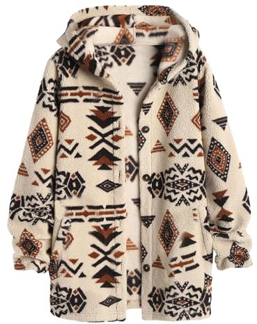 Poo4kark Damen-Mantel im Ethno-Stil mit Kapuze und Langen Taschen flauschigem Teddystoff mit Geo-Aufdruck Grobstrickjacke Damen (Coffee, XL)