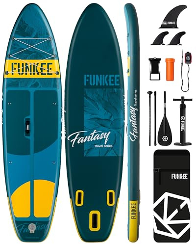 FUNKEE 11’×34×6 Extra Wide Inflatable Stand Up Paddle Board, Sup Board with Removable Fins, Backpack, Floating Paddle, Safety Leash, Floating Phone Case for Adults & Youth of All Skill Levels