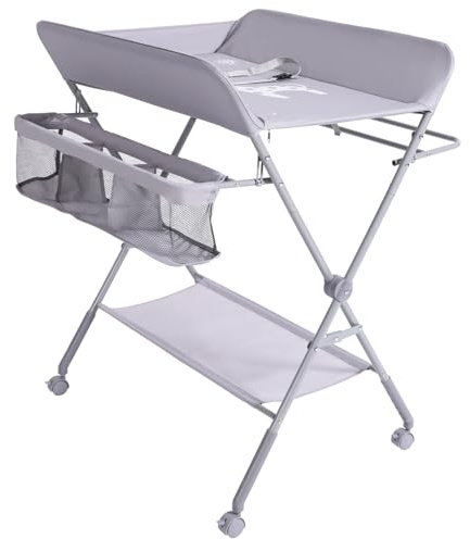 KARAOK Foldable Changing Table with Wheels | Baby Changing Station with 4-Level Adjustable Height | Portable Diaper Changing Station with Large Organizers & Storage Racks for Newborn & Infant