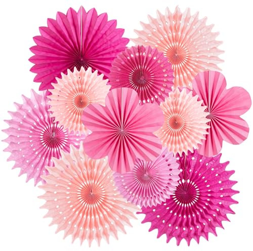 SUNBEAUTY 11 Stück Rosa Papier Fächer Set Pink Papier Party Dekorationen Hängende Blume Papier Fächerblume für Geburtstag Party Hochzeit Neujahr Baby Shower Gartenparty