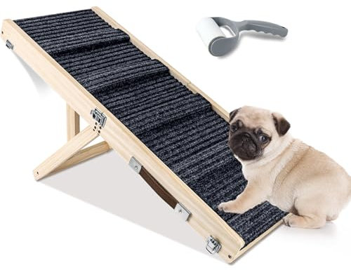 Umtiti Haustierrampe aus Holz, zusammenklappbar, tragbar, 4 Stufen, verstellbar, 22,9 cm bis 43,9 cm, mit Rutschfester 5 Pfoten-Traktionsmatte für kleine, mittelgroße Hunde.Dog Ramps-GY,DE