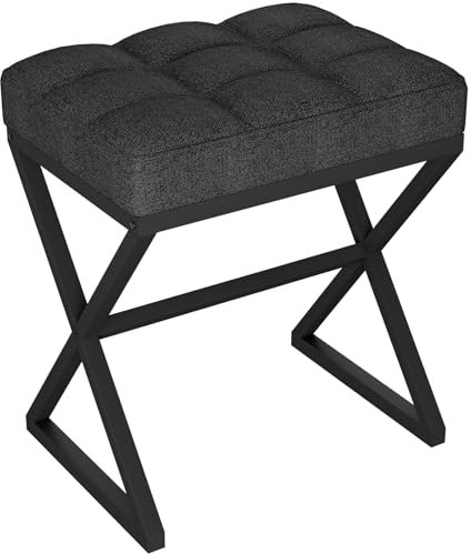 YMYNY Vanity Stool, Linen Footrest, Square Ottoman Bench with X-Shaped Metal Legs, Small Side Table Makeup Dressing Seat for Living Room, Bedroom, Entryway, Hallways 40×30×46CM Black HBD033B