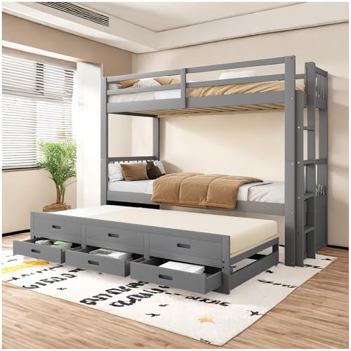 Racxily Litera con Cama extraíble y 3 cajones, Cama Infantil 90 x 200 cm, se Puede Dividir en Dos Camas, Estructura de Pino y MDF, Gris