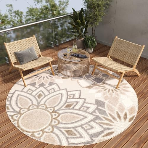 TAPISO Patio Tappeto Rotondo Esterno Interno Pelo Corto Design Moderno Motivo Astratto Floreale Fiori Effetto 3D Beige Panna Salotto Sala Camera Terrazza Balcone Outdoor Indoor 100 x 100 cm
